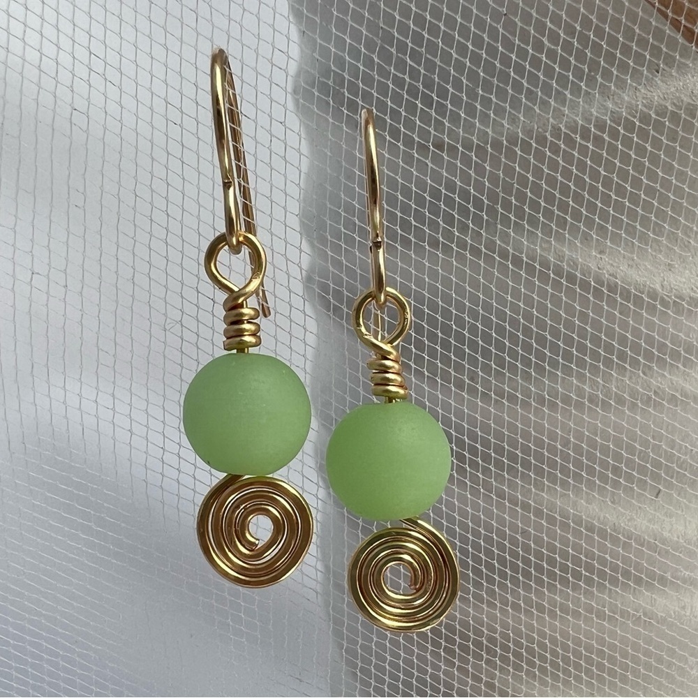Green Sea Glass Wire Wrap Scroll Earrings